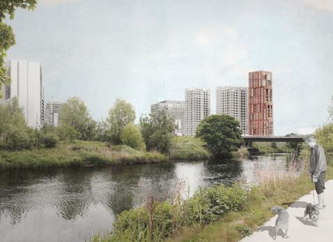 The concept design for East Bank's 600 homes, seen from the north-east