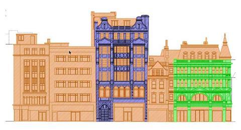 Oxford Street elevation of Lifschutz Davidson Sandilands’ plans. The buildings in brown are earmarked for demolition