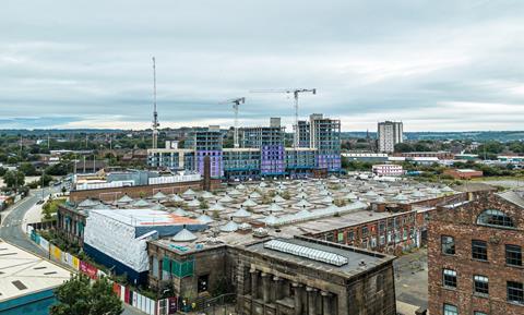 LR Leeds Temple Works showing the distinctive circular skylights of the Grade I listed former flax mill, part of the wider South Bank regeneration project_2661758335 copy