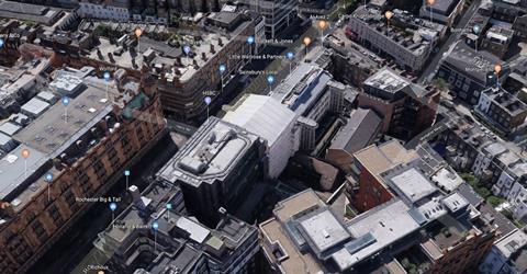 Overview of Montpelier Mews in Knightsbridge in context. The development site is to the right of the structure wrapped in protective sheeting.