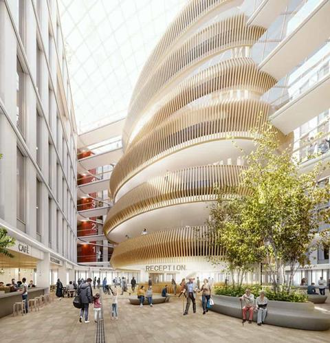 Interior of the new Moorfields Eye Hospital, designed by Aecom, Penoyre & Prasad and White Arkitekter, featuring the 