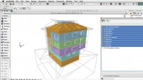 Multiple thermal block building energy model shown in 3D in ArchiCAD.