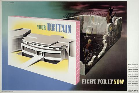 Lubetkin's Finsbury Health Centre. Colour lithograph by Abram Games, 1942, issued by Army Bureau of Current Affairs